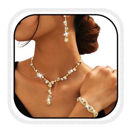 Unicra Gold Bridal Jewelry Sets Rhinestone Wedding Necklace and Earrings Bracelet Set Prom Formal Costume Jewelry Set for Women and Brides (Gold, One Size)