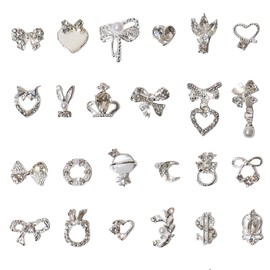 Nail Parts, Ribbon, Set of 24, 3D Dimensional, Bowknots, Heart-shaped, Moon Garland, Nail Parts, Rhinestones, Cute, Swaying, Nail Stones, Glitter, Valentine's Day, Red, Jewelry Parts, Nail Art,