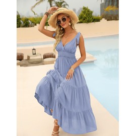DEEP SELF Women's Summer V Neck Tie Strap Maxi Dress Swing Ruffle Hem Spaghetti Strap Long Flowy Dresses Light Blue Long Summer Dress