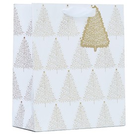 Design By Violet Festive Snowy Christmas Tree Gift Bag Eco Friendly Recyclable with White Handle and Christmas Tree Gift Tag Xmas Gift Wrap Medium