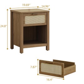 YAUKOMEL Rattan Nightstand, Mid Century Modern Bedside Table with Opening Storage,Large Side Table with Drawer,Boho Night Stand,Wooden End Table,Handmade Solid Wood Handle,Walnut CTG65BR