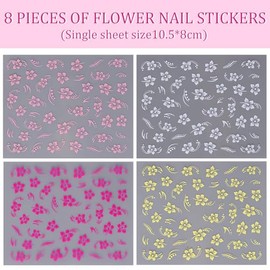 Irikdescia Pegatinas de Uñas 3D con Flores Hibiscus – Set de 8 Hojas de Stickers Autoadhesivos para Decoración de Uñas – Diseño Verano en Blanco, Rosa, Amarillo y Fucsia