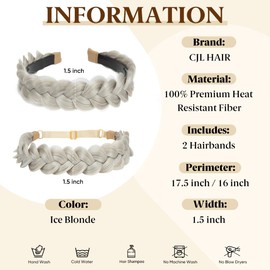CJL HAIR 2PCs Braided Headbands Hair Piece for Women Synthetic Hair Hoops Head Bands Handmade Braid Hairband Accessories Elastic Stretch Headwrap Ice Blonde