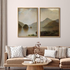 SIGNFORD Framed Canvas Print Wall Art Serene Lake and Mountain Landscape, Peaceful Nature Nature Wilderness Illustrations Modern Art Decorative for Living Room, Bedroom, Office - 16"x24"x2 Natural