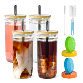 CHLJAR 4 Pack Glass Cups Set, 24oz Mason Jar Wide Mouth Drinking Glasses Smoothie Cups with Bamboo Lids & Straws Iced Coffee Cup Reusable Travel Tumbler for Bubble Tea, Beer, 2 Lids for Each Cups