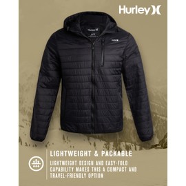 Hurley Men's Jacket - Balsam Lightweight Packable Puffer Coat - Weather Resistant Outerwear Windbreaker Coat for Men (M-XL), Size Medium, True Black