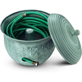 Garden Hose Holder Storage Pot Copper with Lid Antique Green Finish Lattice Steel Updated for November 2020 (Light Green)