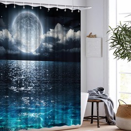 VividHome Shower Curtain Full Moon Over Ocean Landscape Waterproof Fabric Shower Curtain for Bathroom Decor Set with Hooks 72 x 72 Inches