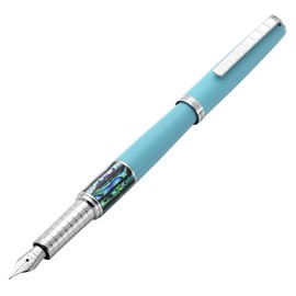 Xezo Speed Master Fountain Pen, Fine Nib. Matte Sky Blue with Pāua Abalone Sea Shell. Chrome Plated. Lightweight Brass Body. No Two Alike
