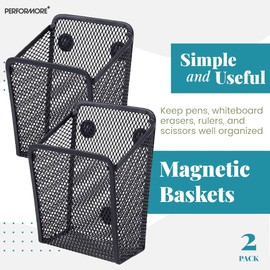 Performore 2 Pack of Magnetic Metal Mesh Pen Holder, Black Stainless Steel Pencil Holder with Magnets, Basket Storage Organizer for Whiteboard, Blackboard, Kitchen, Locker, Home, or Office