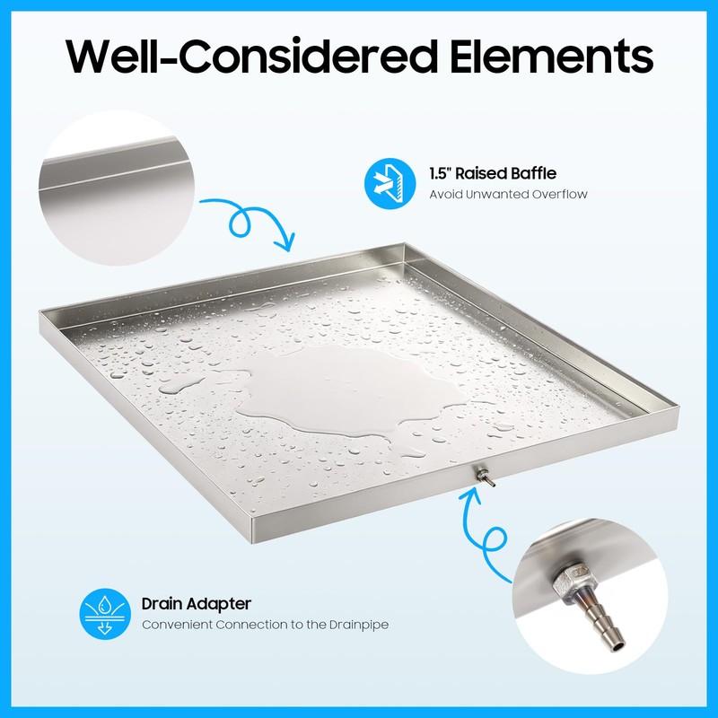 DYRABREST 304 Stainless Steel Washer Machine Drain Pan 27x25x1.5in with