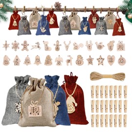 Advent Calendar Bags for Filling Fabric, Advent Calendar Christmas Calendar Fill Yourself DIY Christmas Decoration Jute Bags / Bag for Children Women Men (with Numbers Wooden Pendant)