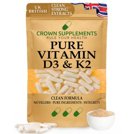 Pure Vitamin D3 and K2 Capsules | 1 Capsule Per Week | Clean Supplement UK | Crown Supplements (90 Capsules)