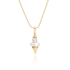 IDOKAWA Baroque Pearl Pendant Necklace, Ice Cream Cone Design with Natural Irregular Pearl and Zircon, Gold Ball Chain Adjustable 16+2in, Unique Minimalist Jewelry Gift for Women