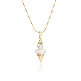 IDOKAWA Baroque Pearl Pendant Necklace, Ice Cream Cone Design with Natural Irregular Pearl and Zircon, Gold Ball Chain Adjustable 16+2in, Unique Minimalist Jewelry Gift for Women