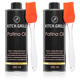 KitchGrill® Einbrenn- und Pflegeöl inkl. Silikonpinsel | 2 x 250 ml | Patinaöl für Gusseisenpfannen und - Töpfe, Grillroste, Grillplatten, Dutch Oven, etc. | Gusseisen, Schmiedeeisen, Einbrennöl, Pfle