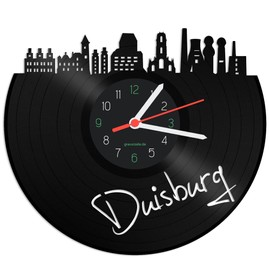 GRAVURZEILE Vinyl Record Clock - Skyline Duisburg - Wall Clock Made of Cast Vinyl with City Skyline - 30 cm - Upcycling Designer Clock - Modern Wall Clock in Retro Vintage Style - Made in Germany