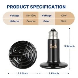 YSSOA Reptile Heat Lamp 100W Ceramic Heat Emitter, No Light Emitting Heat Bulbs for Amphibian Pet Brooder Coop Incubating Chicken, Lizard Bearded Dragon Turtle Snake Terrarium, 2 Pack