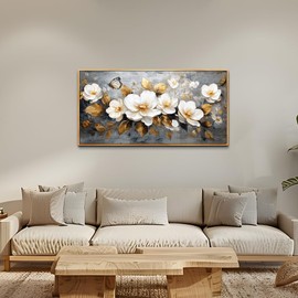 FUHAIHUA Wood Framed Canvas Wall Art For Living Room Wall Decor For Bedroom Office Wall Decoration White Flower Painting Farmhouse Pictures Artwork Room Aesthetic Home Decor 20x40 In