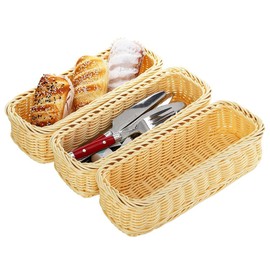 3 Pack Plastic Wicker Bread Basket, Rectangular Imitation Rattan Basket, Desktop Food Basket, Kitchen Cutlery Storage hamper for French Bread, Fruits, Vegetables, Kitchen, Dining Room (Beige)