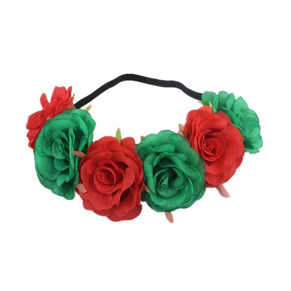 Koolgil Women's Simulated Rose Flower Headband for Independence Day Halloween Wreath Elastic Hairband Rainbow Headband Holiday Corolla Headwear for Travel Party Festivals (Red Green)