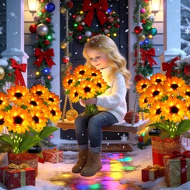 yulloyello Solar Sunflower Lights 2 Pack with 12 Outdoor Decorative Lights for Xmas Gift for Mom and Friends, IP65 Waterproof Sunflower Garden Stake Lights for Yard Patio Lawn Pathway (Warm White)