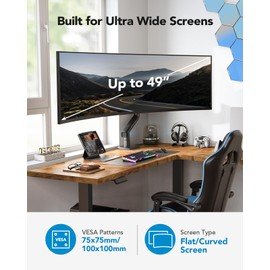 HUANUO Heavy Duty Monitor Arm for Ultrawide Screens up to 49", Holds 40 lbs,Aluminum Ultrawide Screen Desk Mount,Fully Adjustable Single Monitor Mount with C-clamp, Grommet Base, Max VESA 100x100