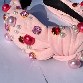 HDMGCR Valentine's Day Headbands for Women Girls Rhinestone Beaded Heart Headband Crystal Wide Top Knot Hair Accessories (823Light Pink)