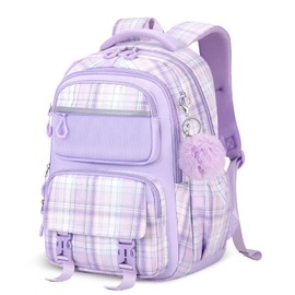 Tanou School Backpack Girls Kids School Bag Ergonomic Backpack Large for Girls Teenagers Fashion Checked School Bag Casual Daypack for Travel, purple