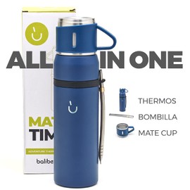 BALIBETOV Camping Thermos Flask Mate Tea Set - Contains Vacuum Insulated with Double 18/8 Stainless Steel Mate Tea Cup and Thermos Flask, Bombilla (Mate Straw) and a Cleaning Brush (Blue)