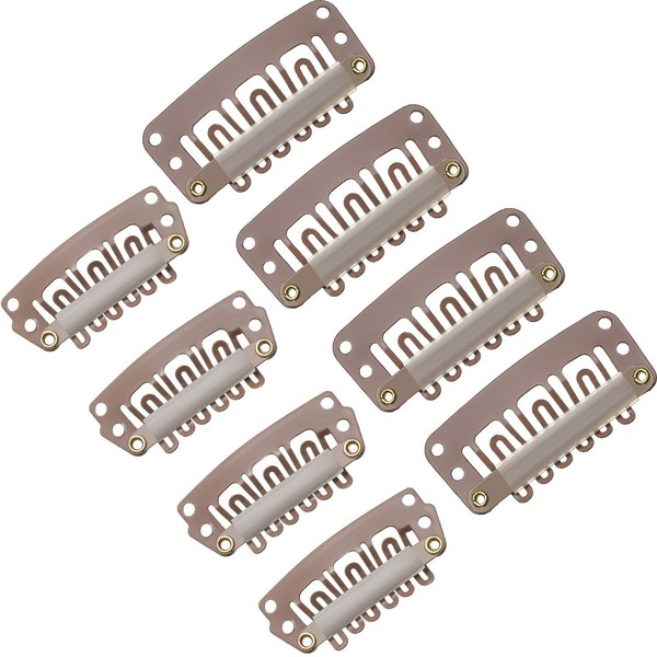 100 Pieces Wig Clips U-shape Metal Clips Stainless Steel Snap Clips 6 Teeth Combs Clips with Soft Rubber for Hair Extensions DIY, 3.2 cm, 2.8 cm (Light Brown)
