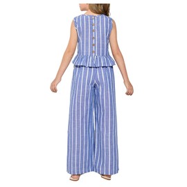 Floerns Girl's 2 Piece Outfit Striped Button Back Ruffle Hem Sleeveless Blouse with Pants Set Blue 8Y