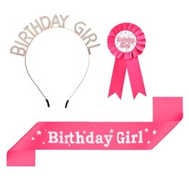 Happy Birthday Girls Sash Pin and Tiara Headband for Girl Pink Birthday Sashes Brooch With Glitter Rhinestone Princess Crown Hairband for Bday Party Decorations Accessories