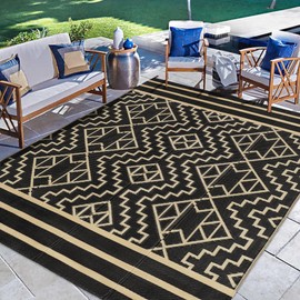 SAND MINE Reversible Mats, Plastic Straw Rug, Modern Area Rug, Large Floor Mat and Rug for Outdoors, RV, Patio, Backyard, Deck, Picnic, Beach, Trailer, Camping (9' x 12', Black & Beige)