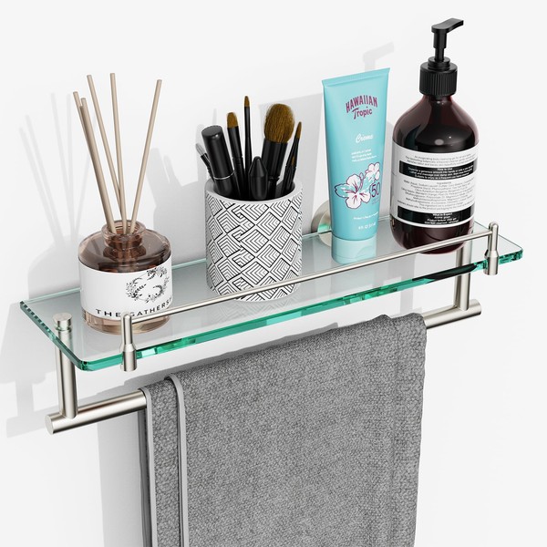 Glass Shelf for Bathroom with Towel Bar,16-Inches Brushed Nickel Floating