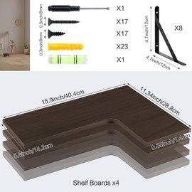 PUREZON Corner Floating Shelves Set of 4,Corner Wall Shelves,Rustic Wood Wall Mounted Shelf for Home Decor, Living Room, Bedroom, Kitchen, Bathroom,Office(Brown,15.9 x 11.4 inch)