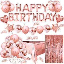 Rose Gold Birthday Party Decoration, Happy Birthday Banner, Rose Gold Fringe Curtain, Foil Tablecloth, Heart Star Foil Confetti Balloons plus 10g Table Confetti for Girl Women Birthday Party