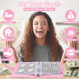 100 Envelopes Money Saving Challenge, Money Saving Binder to Save $5,050, Savings Challenges Book with Envelopes, Easy and Fun Way for Money Saving Challenge Book, 2 Reusable Trackers Included, Pink