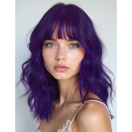 LOHO WONDERZ Wig and Sunglasses Set - 15 Inch Wavy Wig With Bangs - Heat Resistant Bob Wig - Short Curly Wavy Wig - Shoulder Length Wigs for Women - Bachelorette Party Costume Cosplay Wigs (Purple)