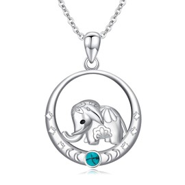 Reaii Natural Turquoise Elephant Necklaces for Women 925 Sterling Silver Necklace Lucky Elephant Pendant Moon Elephant Jewelry Christmas Gift for Wife Mom