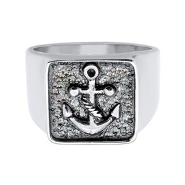 Kuzzoi 0607970419 Men's Signet Ring, Solid 14 mm Wide in 925 Sterling Silver, Black Oxidised with Anchor Symbol, Ring for Men in Ring Size 60-66, Sterling Silver
