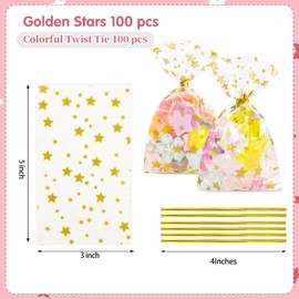 LEOSINDA 100Pcs Cellophane Treat Bags,3 X 5 Inches Gold Star Printed Clear Cellophane Bags,100 Twist Ties,for Gift Wrapping,Packaging Candies,Dessert,Bakery, Cookies, Chocolate,Party Favor（Gold）