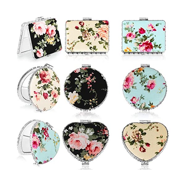 9 Pcs Retro Compact Mirrors Portable Compact Travel Mirror Flowers Folding Mirrors Vintage Purse Mirrors Floral Pocket Mirror for Women Girls Beauty, Round, Square, Heart (Silver Edge,Peony Pattern)