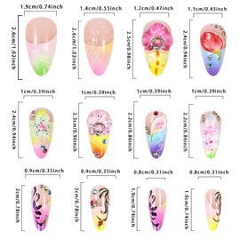 Long Press on Nails Almond Fake Nails Flowers False Nails Colorful Artificial Nails with Rhinestone Designs Stick on Nails for Women 24pcs