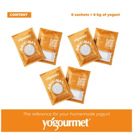 Yogourmet Yogurt Starter (6 Sachets = 6 Liters of Yogurt) - Make Homemade yogurt - Starter Culture - All Natural, Gluten Free, Kosher, Halal - 3 g Sachets