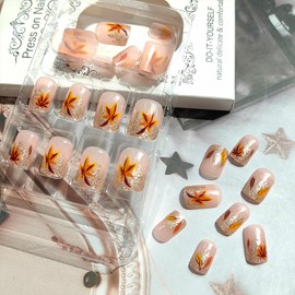 Fall Press on Nails Short BMKKOT Fake Nails Gold Glitter French Tip Acrylic Nails Orange Yellow Leaves Nail Design Shiny Autumn Glue on Nails Thanksgiving Maple Leaf False Nails for Fall Nail Supplies