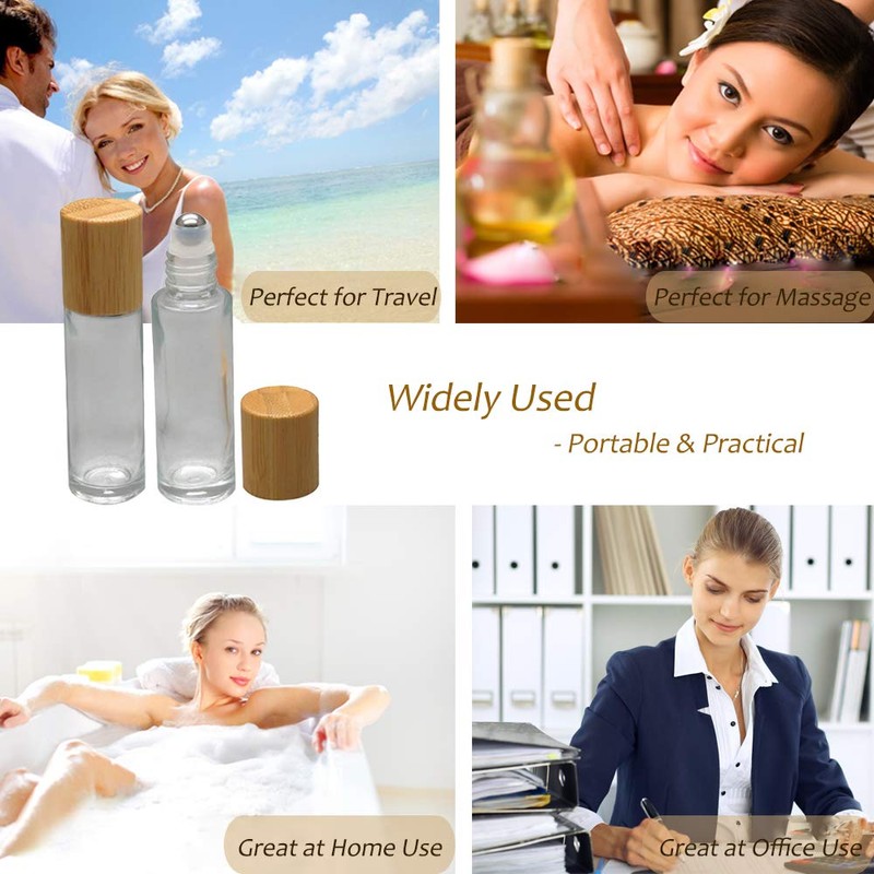 12Pcs 10ml Glass Roll On Bottle with Bamboo Lid for
