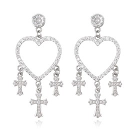 Silver Heart Cross Earrings for Women Dangle Love Heart Earrings with Dangle Cross Charm Drop Cubic Zirconia Heart Earrings Classical Religious Punk Cross Earrings Fashion Jewelry Gift for Her