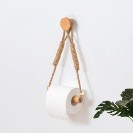Wood & Rope Wall Toilet Paper Holder, Rustic Tissue Rolls Paper Holder Wall Mounted, Nautical Rattan Bathroom Accessories with Self-Adhesive Seamless Screw (with Bead)