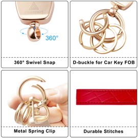 OHKYOOT Leather Wristlet Keychain,Wrist Keychain Car Key Chain with 3 Key Ring,Anti-Lost D Ring and Wallet Keychain, Red, middle